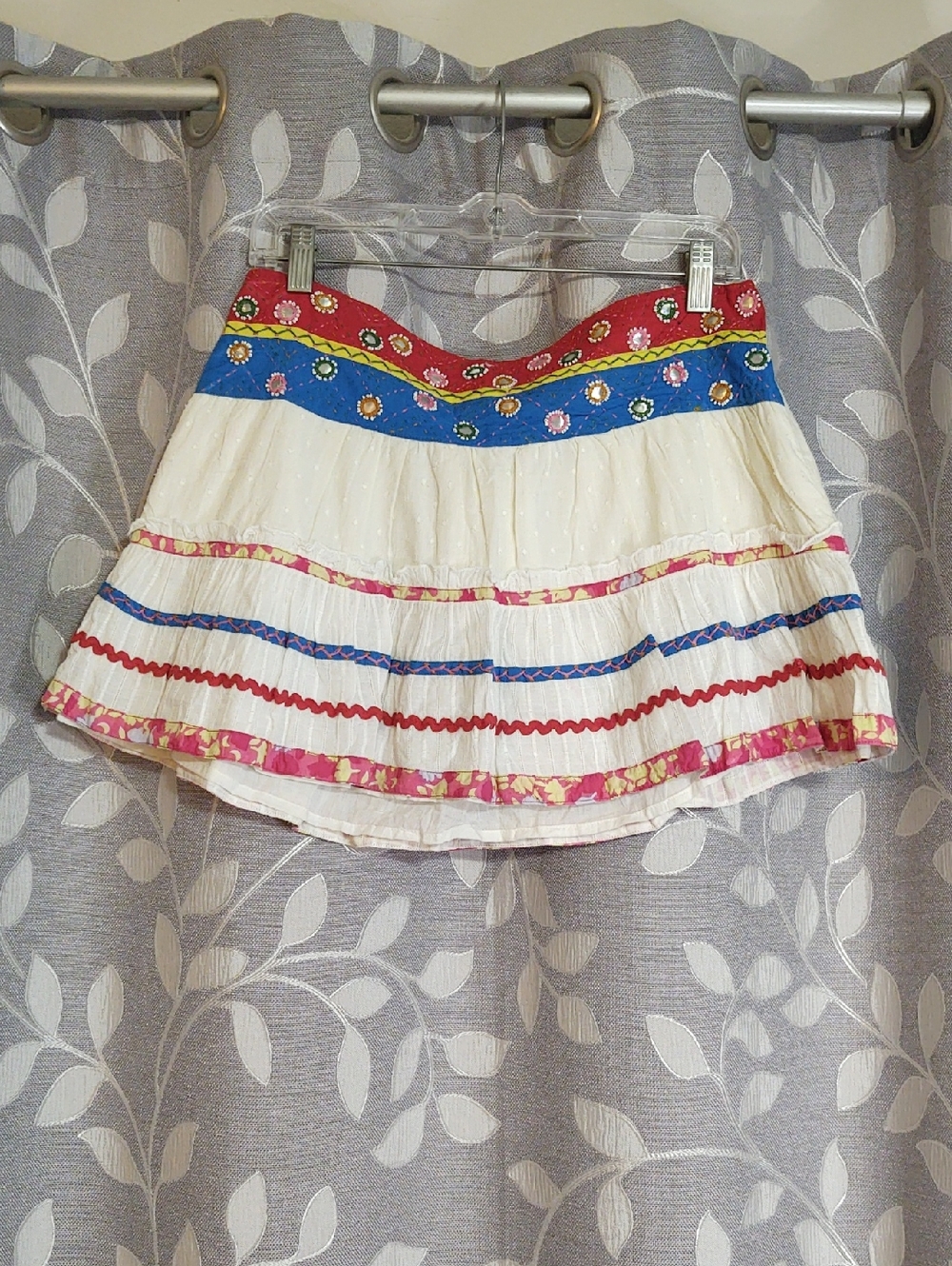 RAGA White Tiered Cotton Mini Skirt with Blue, Red Embroidered Bands size L